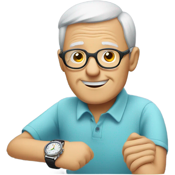 smiling elderly man in glasses looking at his watch emoji