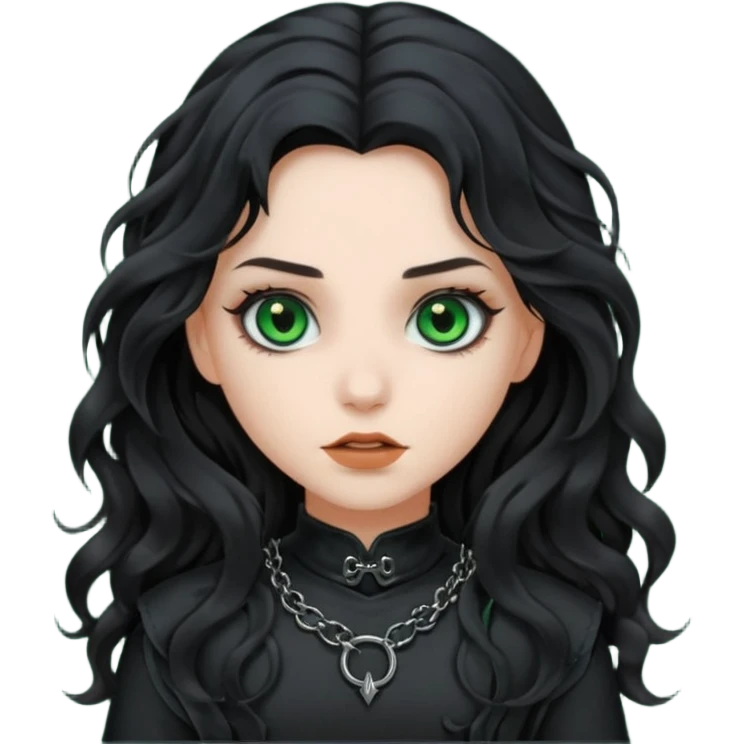 Crea una ragazza con stile black metal, capelli neri mossi lunghi e occhi verde scuro emoji
