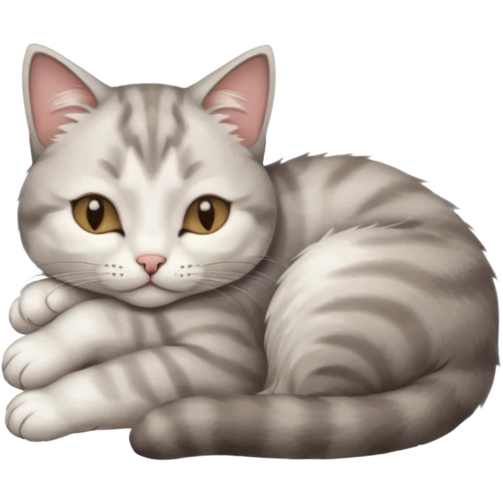 grey and white small cat with its eyes closed lying down leaning on his elbow with his paw curled under his head holding it up emoji