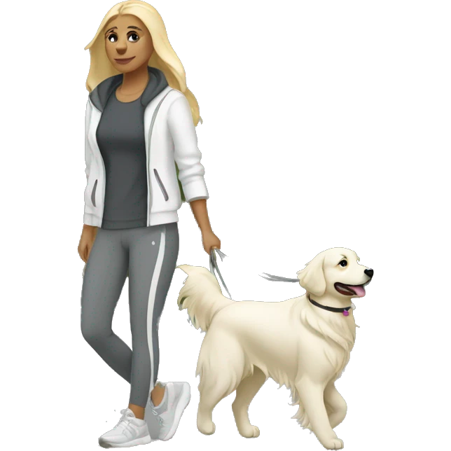 Woman wearing athleisure walking white golden retriever emoji