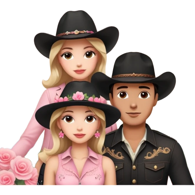 romantic scene, man with black cowboy hat, beautiful woman, Eiffel Tower, pink floral accents emoji