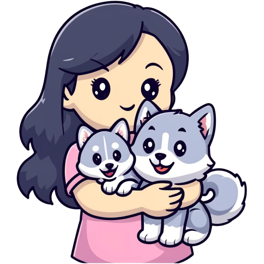 beautiful girl with long black hair holding a cute husky puppy emoji