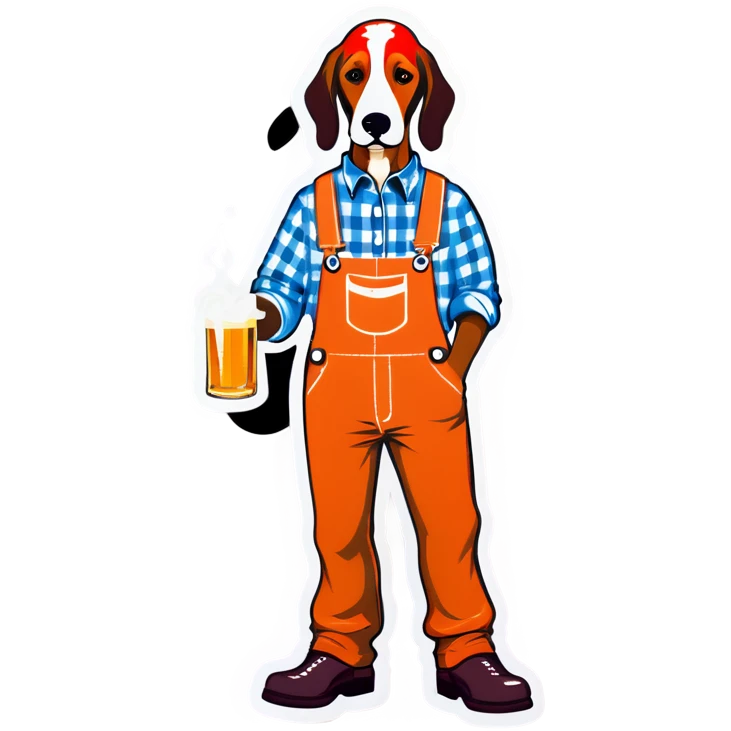 Hound dog in tangerine and white checkered overalls drinking whiskey emoji