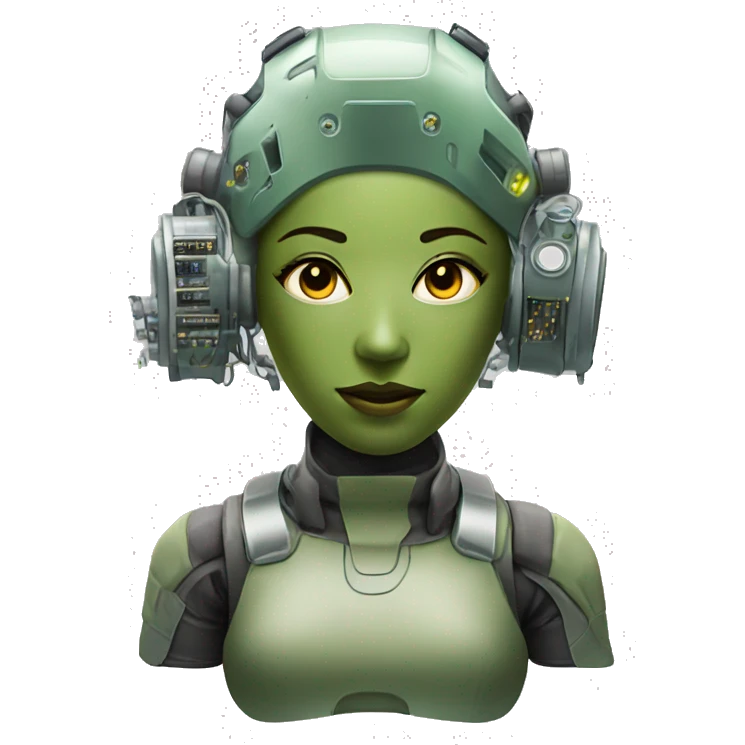 Olive green hair female cyborg head with respirator mask and circuits emoji