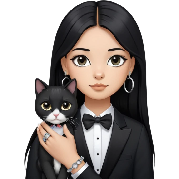 A girl with long straight black hair has upward-slanting eyeliner. She is wearing large silver hoop earrings, a black short-sleeved shirt, and a bracelet on her left hand. She is holding a  tuxedo cat with a black face  emoji