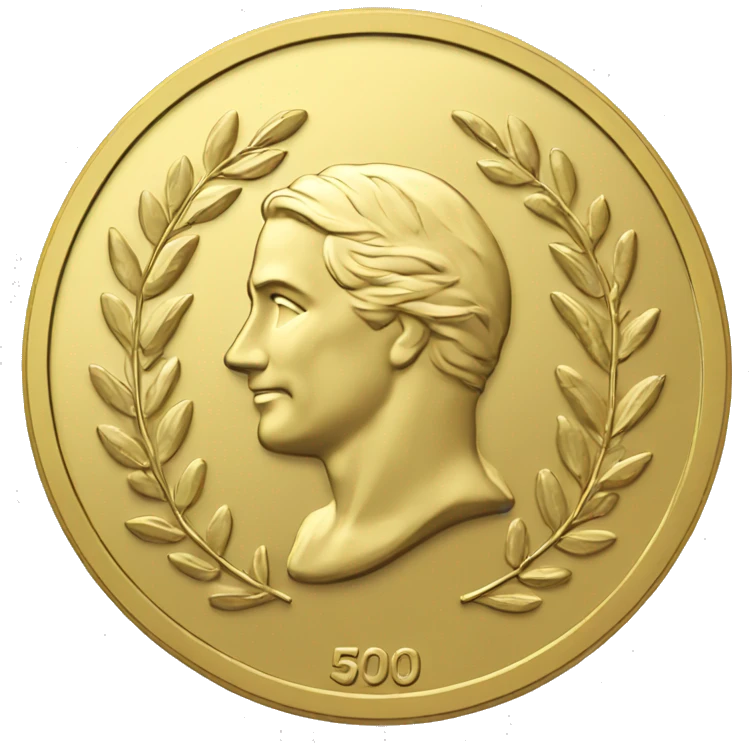gold coin with large "50" in label in center and laurel emoji