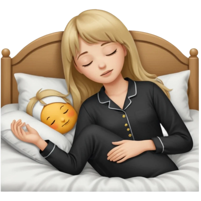 Young woman with long dark blond hair all around her, and a bang, sleeping in bed  with black pyjama  emoji