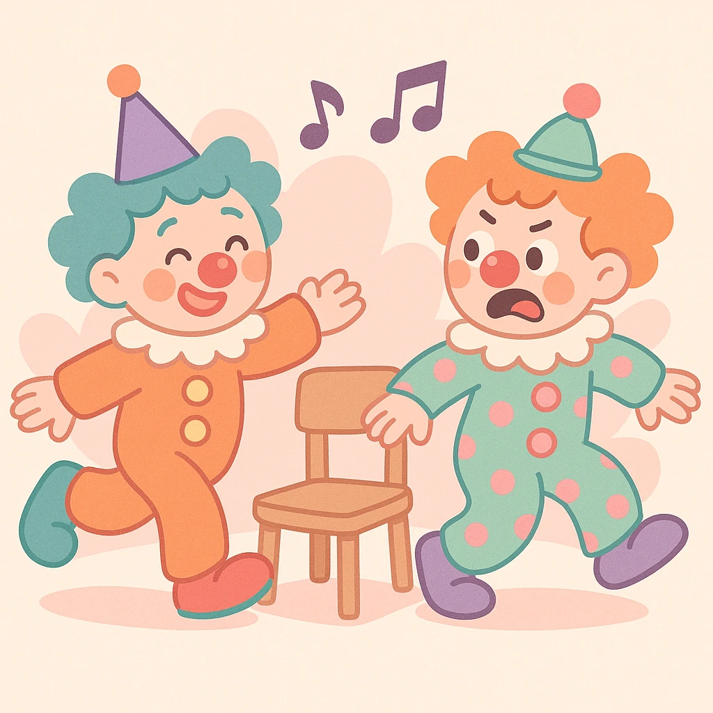 two clowns playing musical chairs, soft colors, cute and whimsical pastel toon style emoji