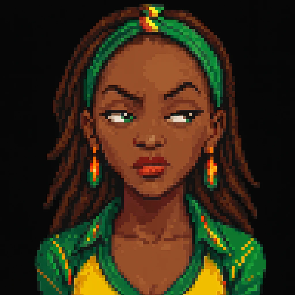 Make the Jamaican woman's side eye expression sassier. The original style is pixel art style, but since pixel art style does not support editing, please keep the look consistent while enhancing the sassiness of the expression. emoji