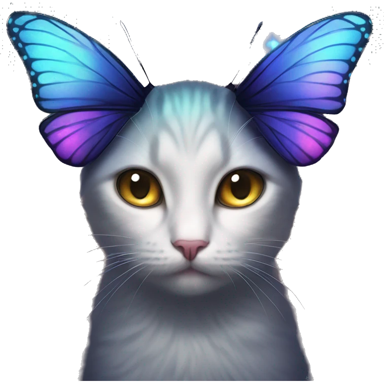 Dark iridescent butterfly glowing on top of cats head  emoji