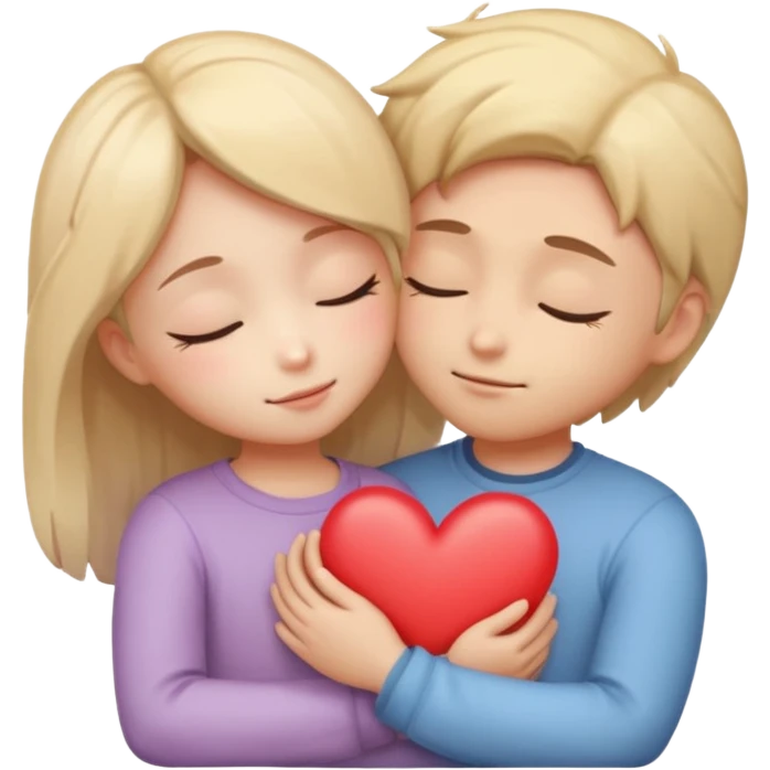 “Two chibi-style lovers hugging gently, eyes closed, small glowing heart between them, soft pastel, romantic emoji, transparent background.” emoji