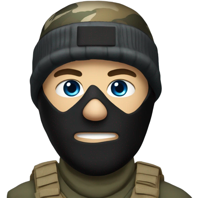 White male, call of duty black mask, camo tactical gear, tan combat boots, black beanie, blue eyes emoji