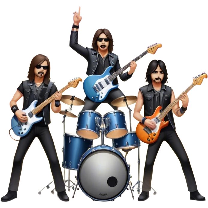 Icon for Heavy Metal Music: 4 men band on stage with electric guitars, drums and intense lighting. 3 guitarists and 1 drummer, surrounded by energy and stage effects, capturing the power and intensity of a metal concert. Transparent background. emoji
