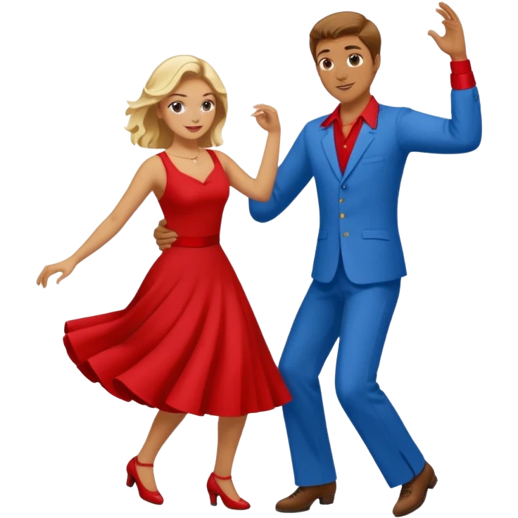 Two people. Man wearing all  RED with brown hair. Women  ALL blue with blond hair. Swing Dancing.  emoji