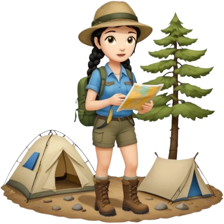 A braid black hair backpacking woman checking her map with curious eyes while walking wear camping hat and dirt covered boots full body emoji