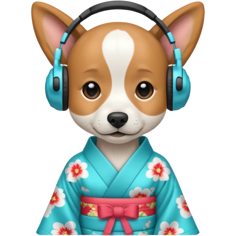 dog, kimono dress with headphone, cyan emoji