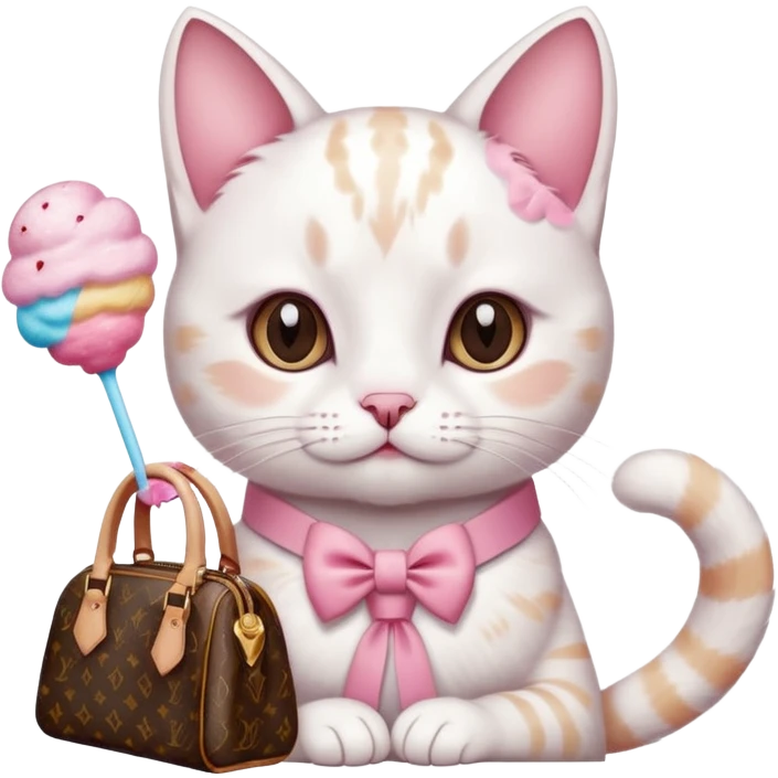 White cat with brown spots with pink ribbon holding a Louis Vuitton purse drinking cotton drink emoji