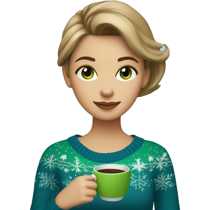Light brown short haired girl with green eyes drinking coffee wearing blue Christmas sweater emoji