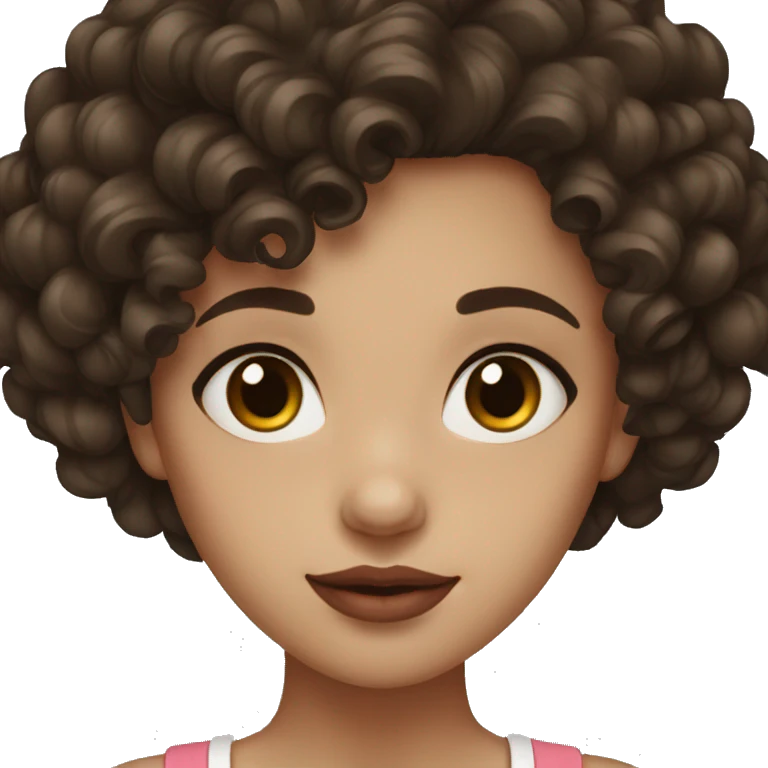 girl, really dark brown hair, curly hair, dark brown eyes, pale, red lips. emoji