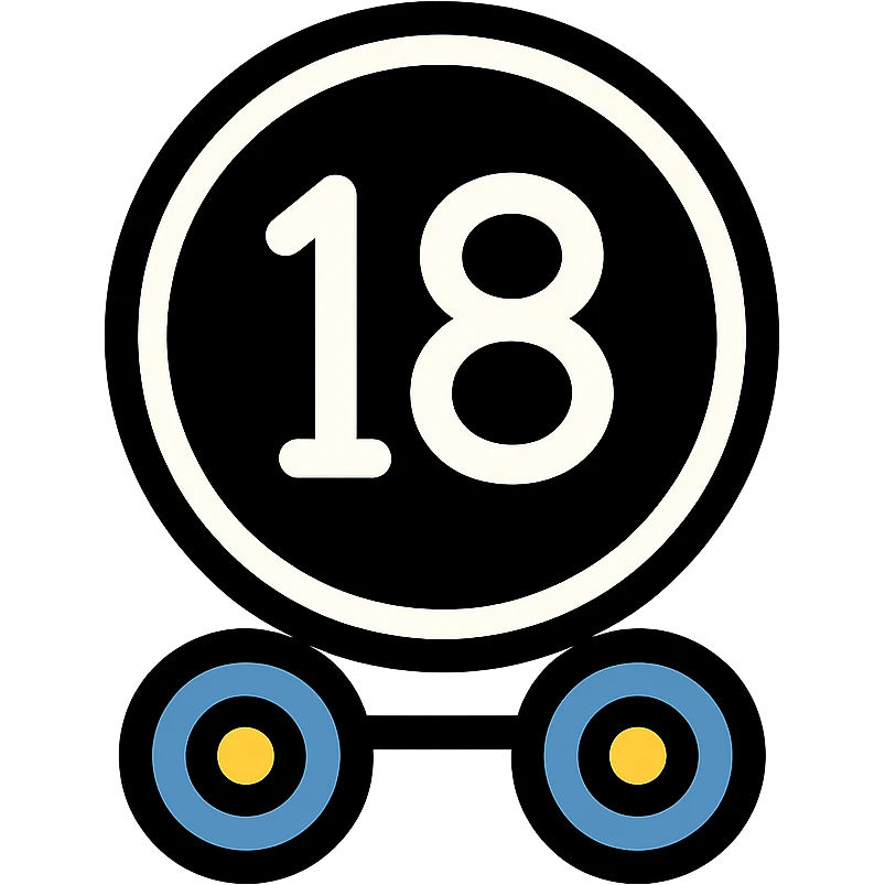 black circular badge with white 18 in the middle, cartoonish semi truck wheels at the base, color outline style emoji