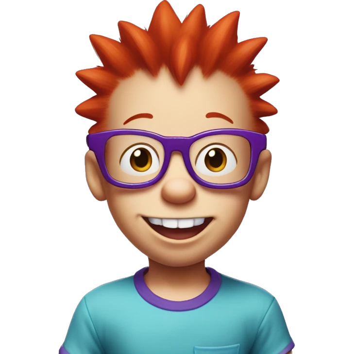 Rugrats, a red-haired baby with spiky hair and only 2 front teeth wearing purple square glasses and a blue shirt with red trim emoji