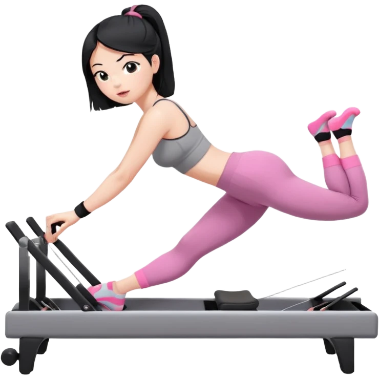 Create a Pilates emoji: a girl with fair skin and black hair, wearing a grey bra and leggings with pink socks, exercising on a pilates reformer and not looking at the camera emoji