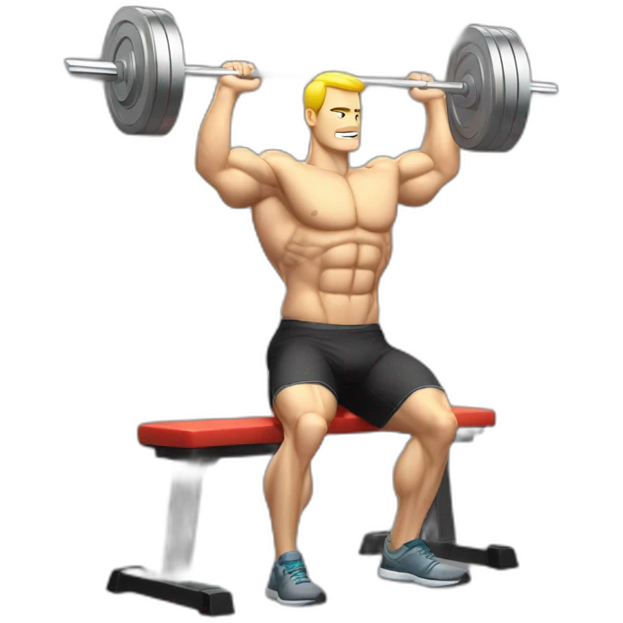 white man on musculation bench with portable computer used as dumbbels doing bench press, computers should be used in place of the weights on the bar emoji