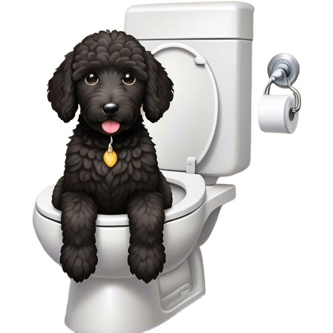 Black golden doodle with white spot on chest, sitting on toilet  emoji
