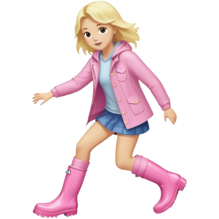 Blonde girl in light pink rain boots splashing in a public emoji