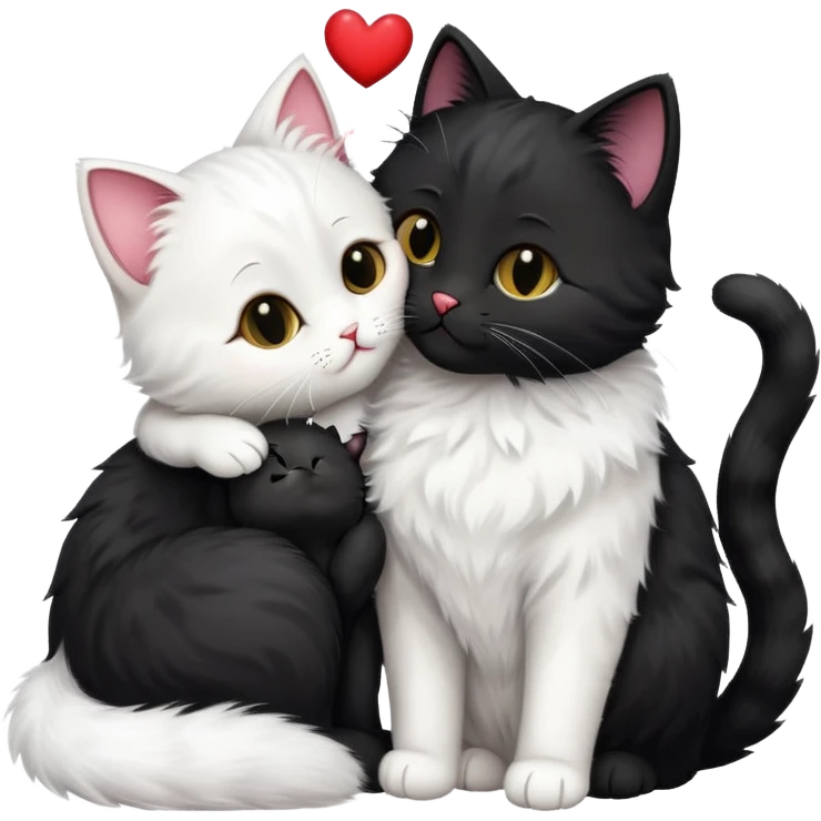 Big black cat is kissing a small white cat with hearts above emoji