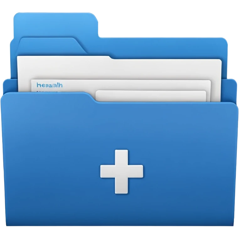 A simple emoji-style icon of a blue multipocket folder, clean and minimal, with layered inner tabs, subtle shading, and a small health/medical documents symbol on the front emoji