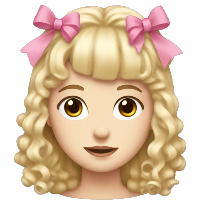 Blonde, pale girl with bangs and curly, long hair with pink bows  emoji