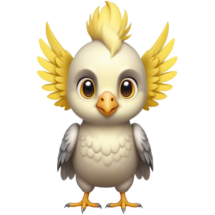 adorable-[cockatiel]-realistic-full-body-perched-emoji,-wings-tucked-neatly,-head-tilted-dramatically,-sleek-[yellow and grey]-feathers,-simplified-yet-realistic-focused-features,-highly-detailed,-glowing-with-an-almost-sarcastic-glow emoji