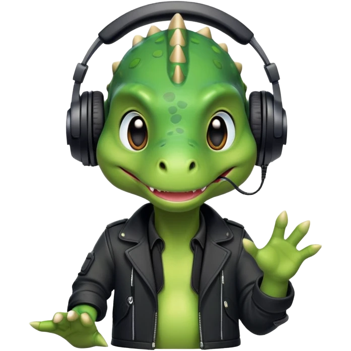 Dinosaurio verde muy tierno músico DJ con ropa negra futurista verexxo  emoji