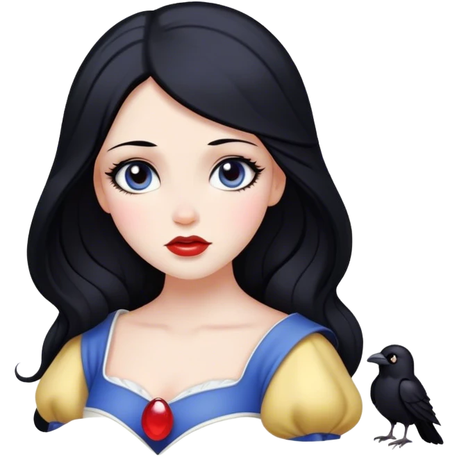 Cinematic Serene Snow White Portrait Emoji, rendered in a simplified vector style. Depict a gentle Snow White (chest and above) with flawless porcelain skin and flowing raven hair, her kind eyes and calm expression exuding a quiet, enchanting charm. The image glows softly with an inviting, pure light and is outlined with a subtle glow. emoji