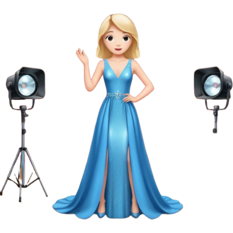 Девушка одета в дорогое платье , стоит на сцене. Рядом свет софитов, много камер, ее фотографируют  emoji