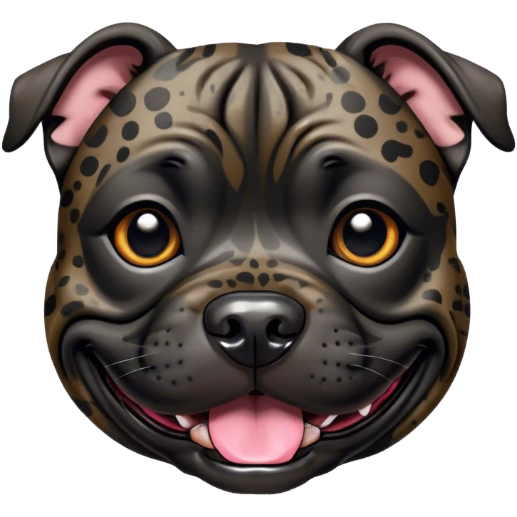 Cinematic Comical Black/Brindle Staffordshire Bull Terrier Portrait Emoji, Head tilted dramatically with an exaggeratedly amused expression, featuring a striking Fur with bold black and brindle patterns, wide, expressive dark eyes filled with playful disbelief, Simplified yet hilariously expressive features, highly detailed, glowing with a slightly sassy glow, high shine, dramatic yet playful, stylized with an air of cheeky mischief, bright and endearing, soft glowing outline, capturing the essence of a spirited and over-the-top guardian, so meme-worthy it feels like it could side-eye its way into internet fame instantly! emoji