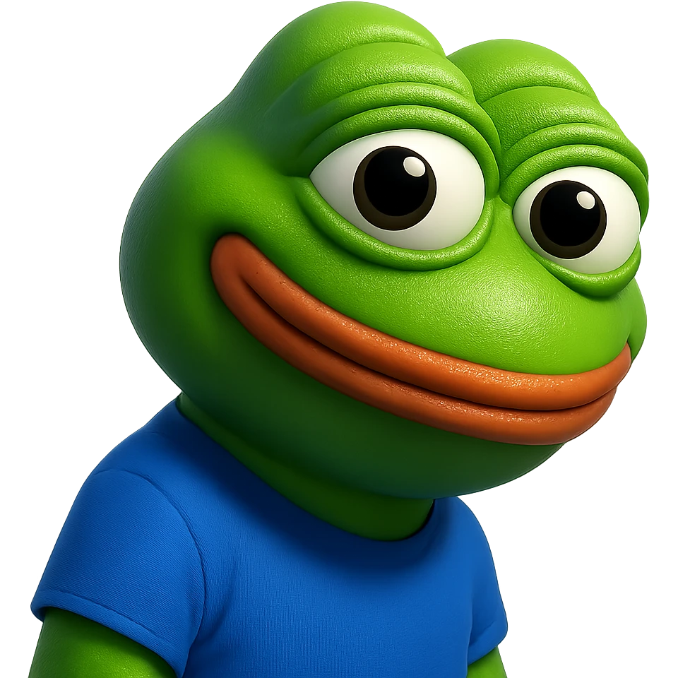 pepe in
- 3d style
- bright green
- blue shirt
- smiling
- looking straight at the camera
- good highlights and shadows
- 30deg angled towards the right emoji
