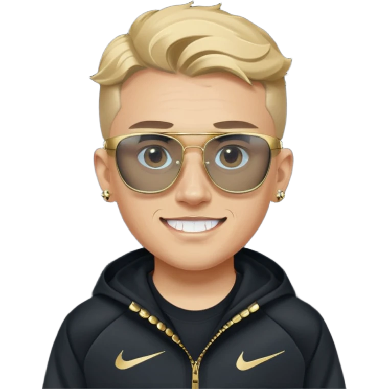 un emoji de un chico emcapuchado blanco, dientes de oro, com uma chaqueta negra nike tech y unas gafas de oakley, con pendientes de diamante, que las gafas sean estilo cuadradas, los pendientes q no se cuelguen, que sean redondos, en las dos cejas un corte, que las gafas no sean circulares emoji