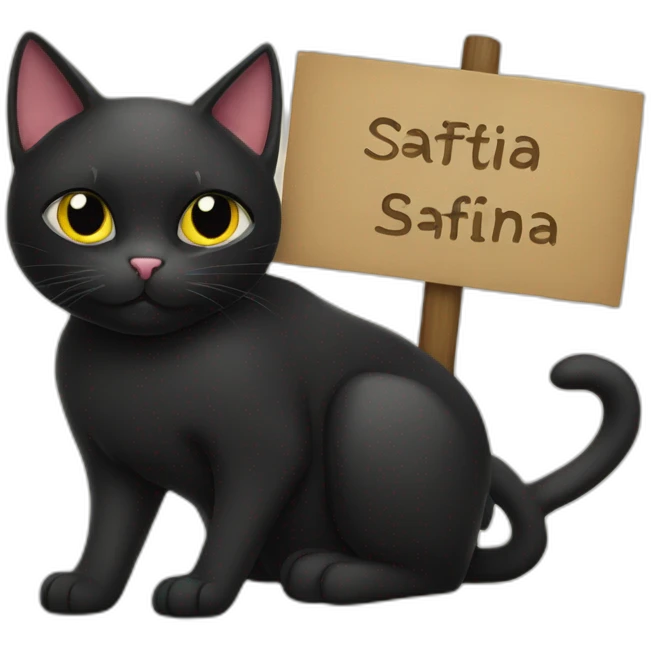 Black cat holding a sign with the inscription “Safina” emoji