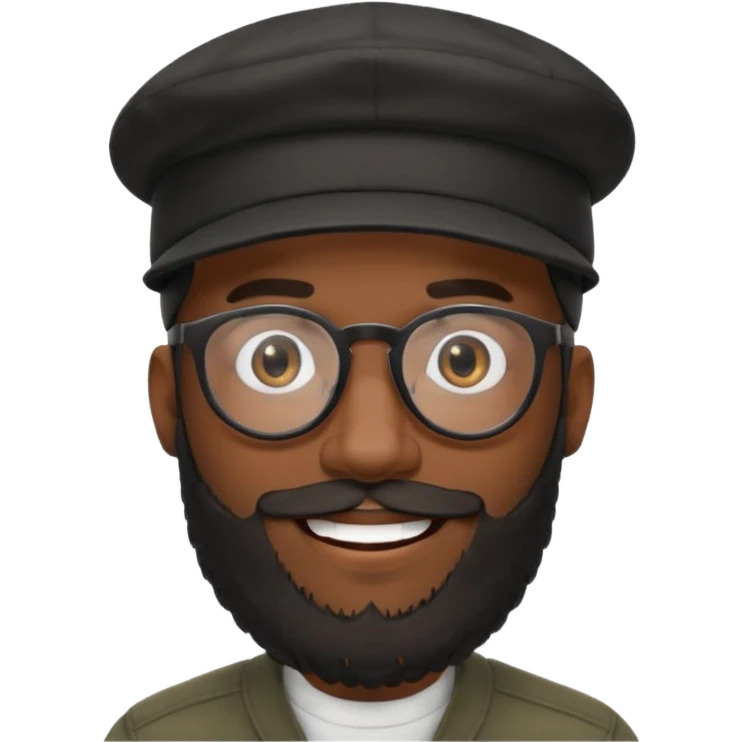 A stylish black man wearing glasses, with a full beard, wearing a black cap, realistic, high detail, studio lighting. emoji