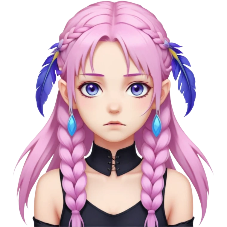 Gorgeous anime lady long-pale-pastel-pink-hair with one braid on each side, grumpy expression, purple-pink feather-ear-cuffs in hair, black bodysuit, blue eyes, pink iris, ethereal, fashion aesthetic  emoji