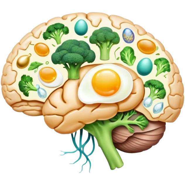 Glowing brain and liver connected by a pearlescent capsule, surrounded by choline-rich foods: eggs, liver, fish, and broccoli. Golden waves showing neural connections flow from the brain, with all elements having an ethereal glow representing cognitive benefits. emoji