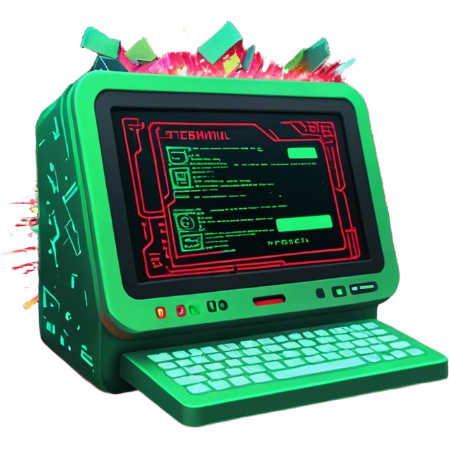 A sleek digital terminal with a holographic interface showing files being uploaded, data packets represented as trash icons, the screen glitching and exploding with red error symbols, tech dystopia vibes, neon greens and reds, circuit patterns in background --v 5 --ar 3:2 --style sci-fi --chaos 30 emoji