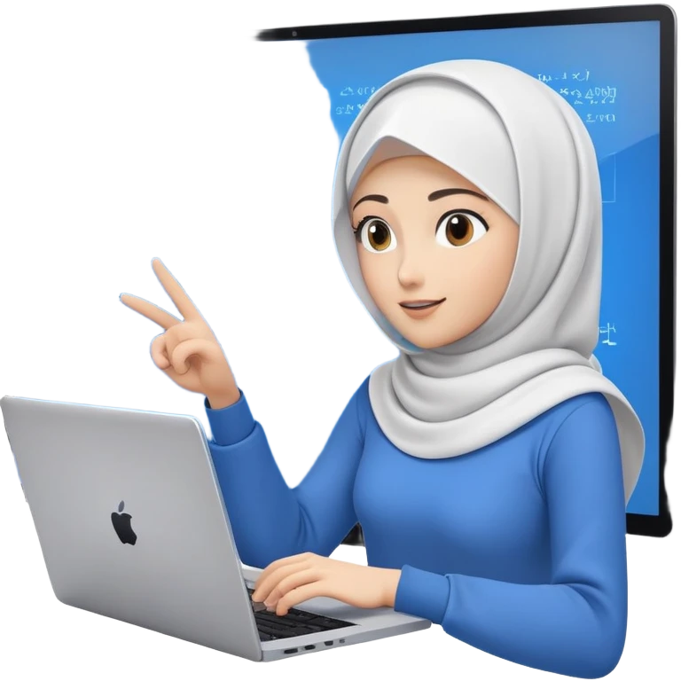 computer engineer with white hijab wearing blue outfit, pointing and gesturing at specific code elements and features on the large digital screen behind her, laptop in front of her, explaining particular parts of her metaverse creation in detail emoji