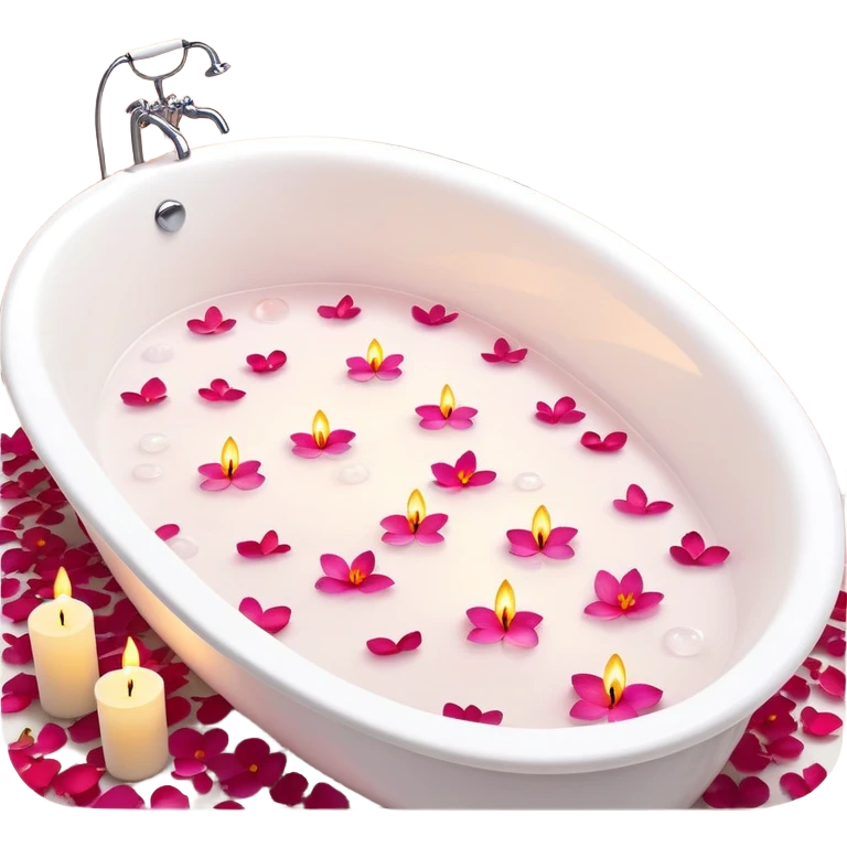 A white bathtub with warm water, with flower petals and scented candles, romantic lush warm colors emoji