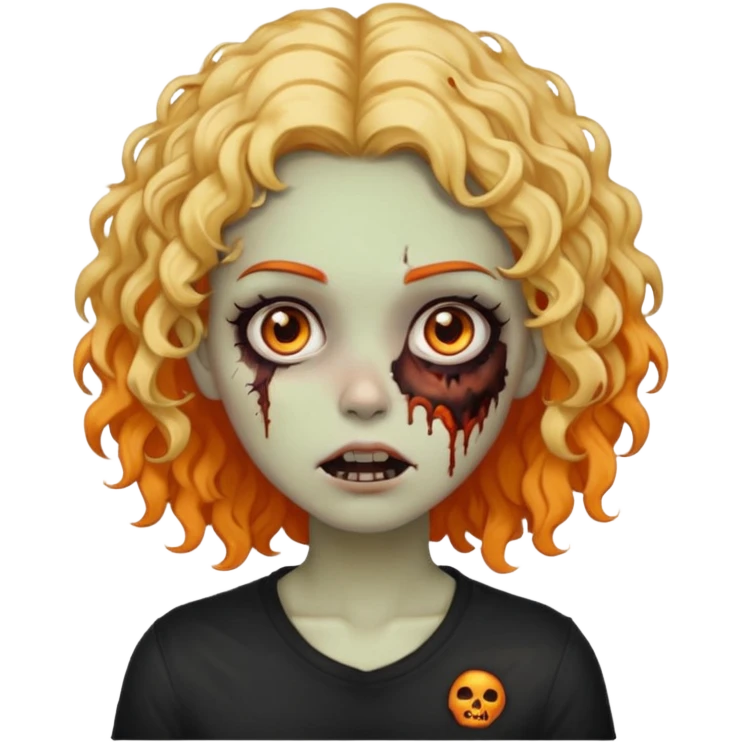 Faça uma garota zumbi de cabelo cacheado preto e uma mecha descolorida meio alaranjada do lado esquerdo emoji
