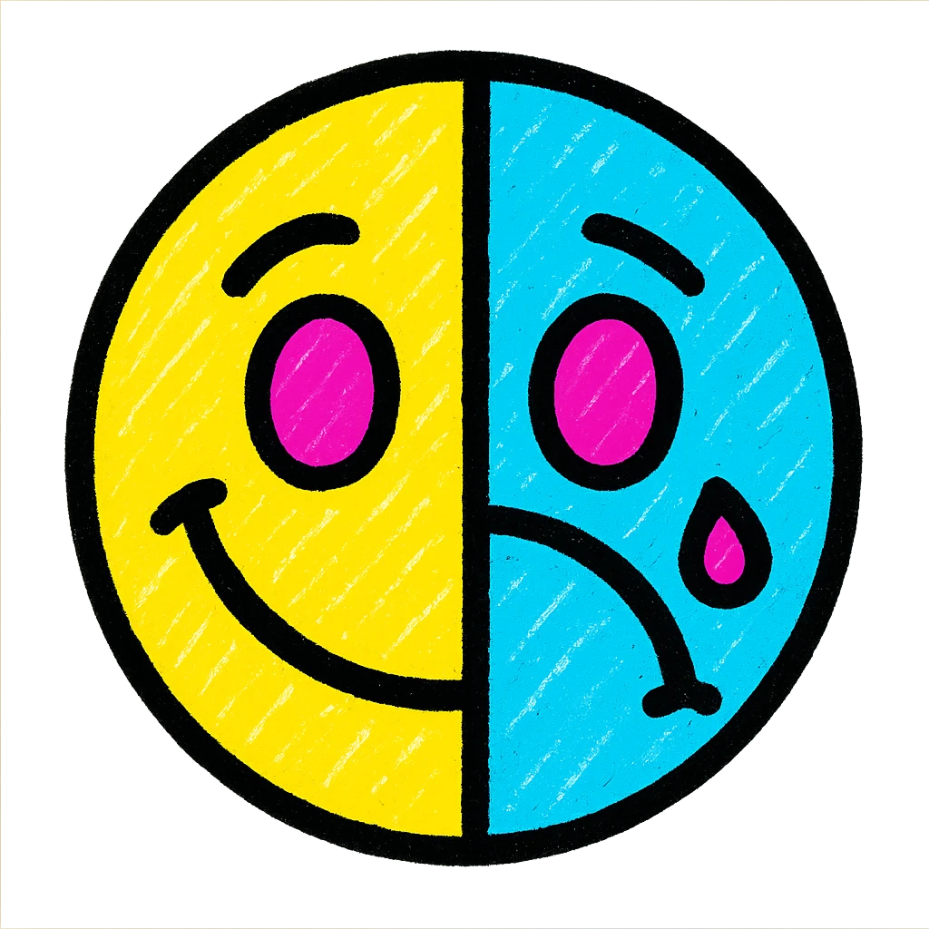 split-faced emoji, one side happy and yellow, the other side sad and blue, vibrant colors emoji