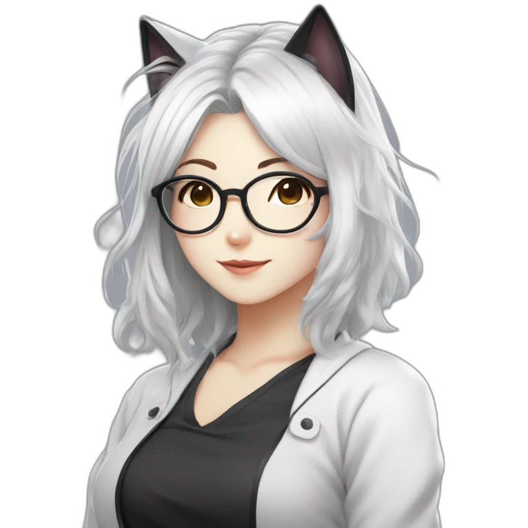 anime style white hair catgirl, black glasses, winking, emoji