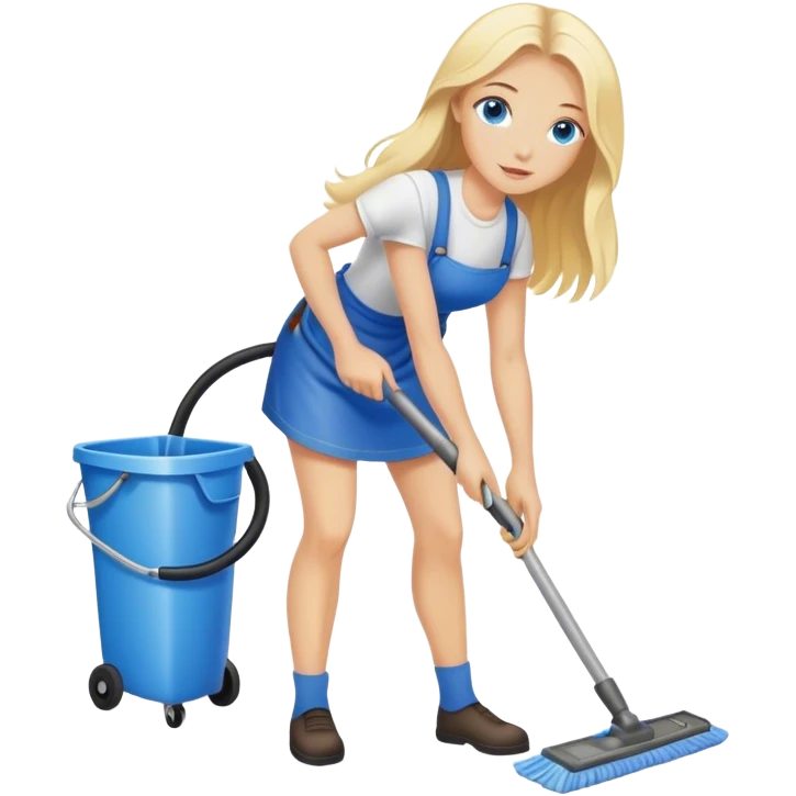 Cinematic realistic blonde with long hair, blue eyes cleans floors emoji